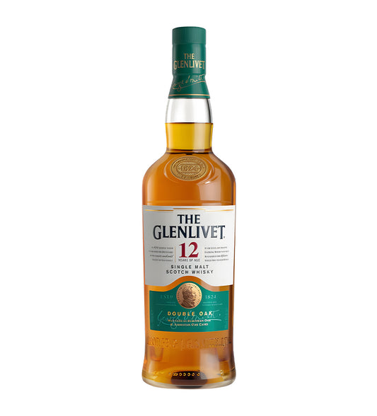 The Glenlivet 12 Years Single Malt Scotch Whisky 75cl clear glass bottle on white background, golden spirit with green and gold label featuring distillery crest