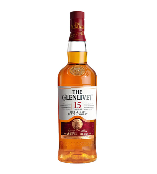 The Glenlivet 15 Years Single Malt Scotch Whisky 1L clear glass bottle on white background, rich amber spirit with brown and gold label highlighting French oak reserve