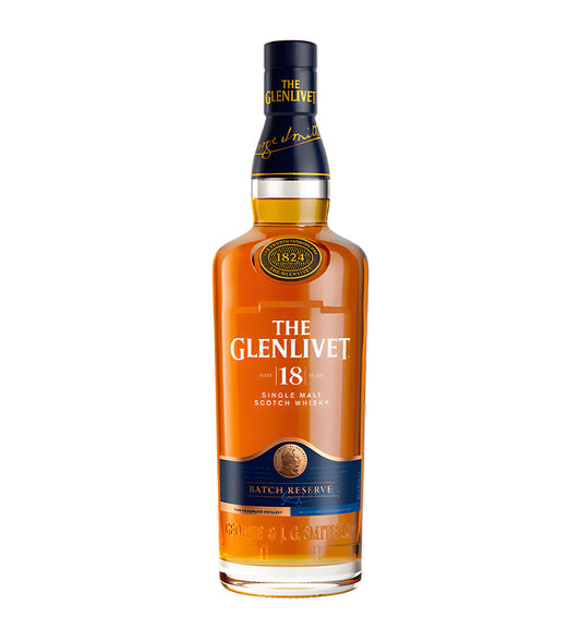 The Glenlivet 18 Years Single Malt Scotch Whisky 1L clear glass bottle on white background, deep amber spirit with cream and gold label featuring distillery crest