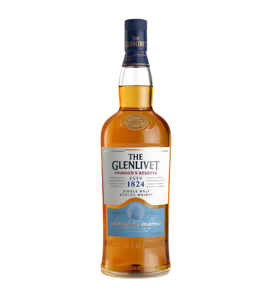 The Glenlivet Founder’s Reserve Single Malt Scotch Whisky 1L clear glass bottle on white background, golden spirit with blue and white label featuring distillery crest