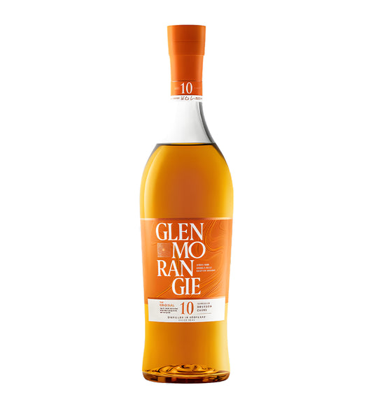 Glenmorangie 10 Years Highland Single Malt Scotch Whisky 75cl clear glass bottle on white background, golden spirit with cream and orange label featuring distillery logo
