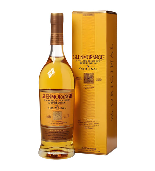 Glenmorangie Original 10 Years Highland Single Malt Scotch Whisky 1L clear glass bottle on white background, golden spirit with cream and orange label featuring distillery logo