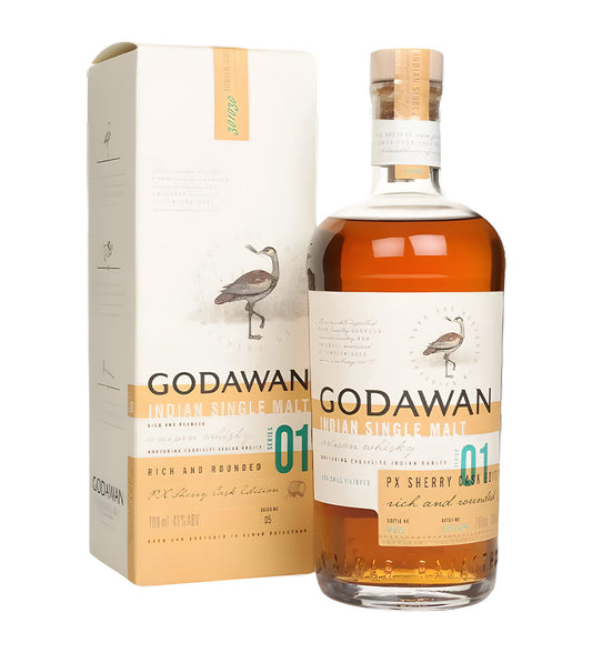 Godawan Rich & Rounded Indian Single Malt Whisky 75cl clear glass bottle on white background, golden amber spirit with cream label featuring bird illustration and blue accents