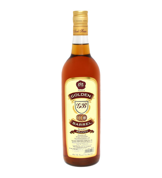 Golden Barrel Whisky 1L clear glass bottle on white background, golden spirit with black and gold label featuring barrel emblem and brand logo