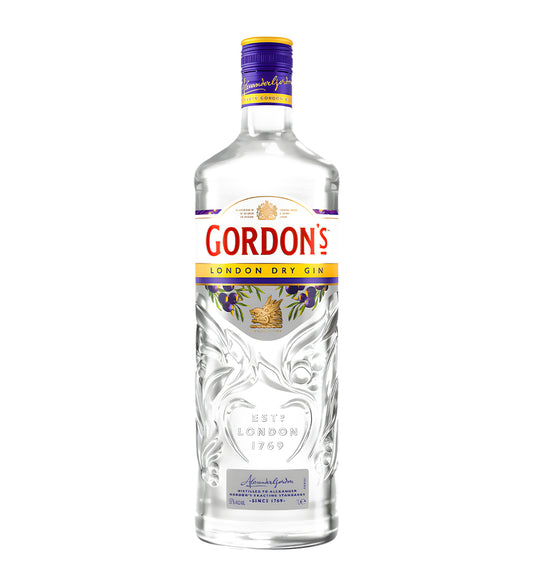 Gordon’s London Dry Gin 75cl clear glass bottle on white background, green and yellow label with brand logo