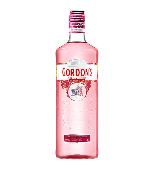  Gordon’s Premium Pink Gin 1L clear glass bottle on white background, pink hue with strawberry and raspberry label design