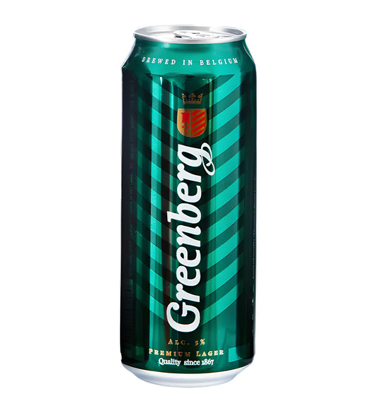 Greenberg premium lager beer 50cl can, 5% ABV, silver and green design with brand logo on white background