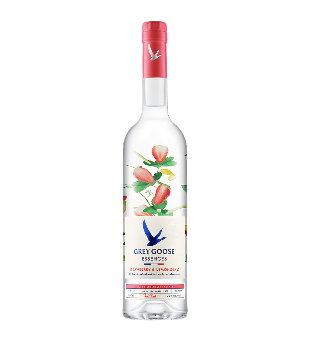 Grey Goose Strawberry and Lemon Vodka 75cl frosted glass bottle on white background, pink and yellow label with fruit illustrations