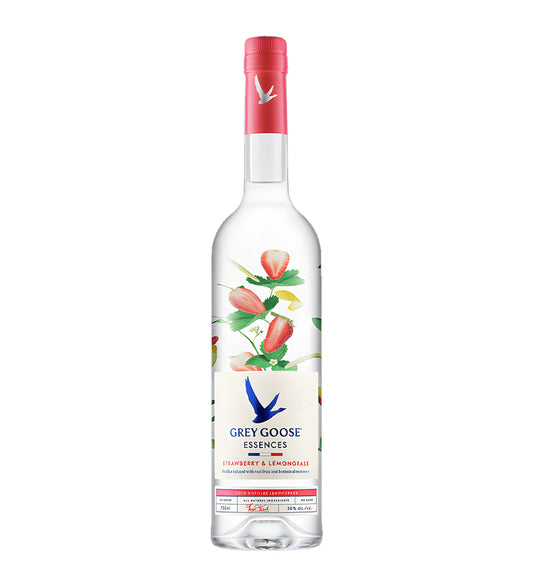 Grey Goose Strawberry and Lemon Vodka 75cl frosted glass bottle on white background, pink and yellow label with fruit illustrations