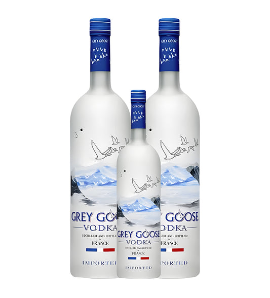 Grey Goose Vodka twin pack with 1L and 37.5cl frosted glass bottles on white background, blue and silver labels with flying geese illustration