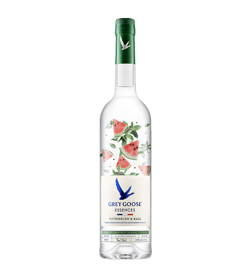 Grey Goose Watermelon and Basil Vodka 75cl frosted glass bottle on white background, pink and green label with fruit and herb illustrations