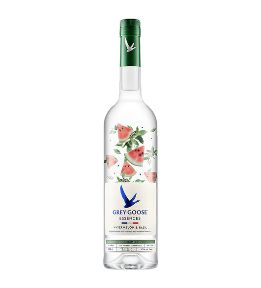 Grey Goose Watermelon and Basil Vodka 75cl frosted glass bottle on white background, pink and green label with fruit and herb illustrations