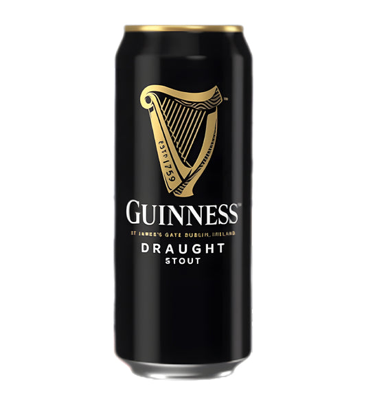 Guinness Draught stout beer 44cl can on white background, black design with gold harp logo