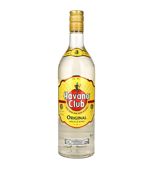 Havana Club Añejo 3 Años white rum 1L clear glass bottle on white background, light golden spirit with white and gold label featuring brand logo