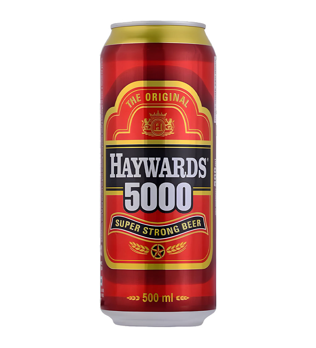 Haywards 5000 strong lager beer 50cl bottle on white background, bold red and gold label with brand logo