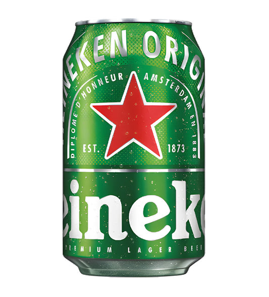 Heineken lager beer 33cl can on white background, green design with red star and brand logo