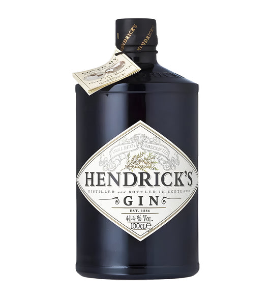 Hendrick’s Gin 1L dark brown apothecary-style bottle on white background, cream label with black typography and rose emblem