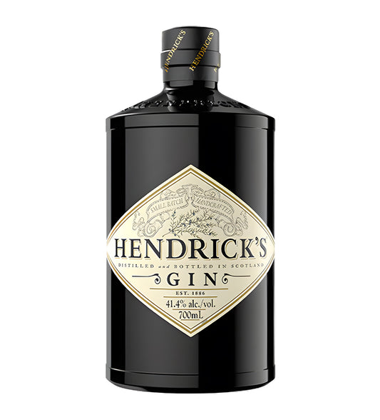 Hendrick’s Gin 70cl dark brown apothecary-style bottle on white background, cream label with black text and rose emblem