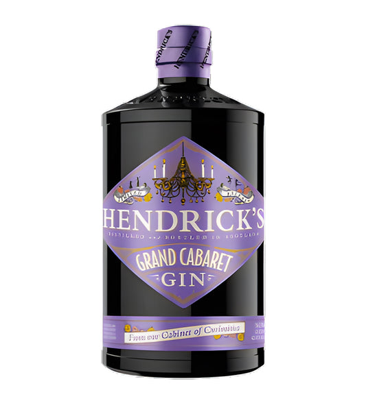  Hendrick’s Grand Cabaret Gin 70cl deep purple apothecary-style bottle on white background, ornate cream label with floral accents