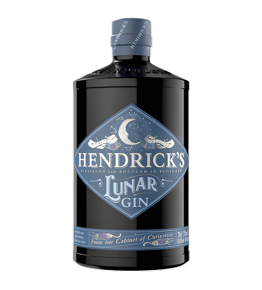 Hendrick’s Lunar Gin 70cl dark blue apothecary-style bottle on white background, cream label with celestial-themed design
