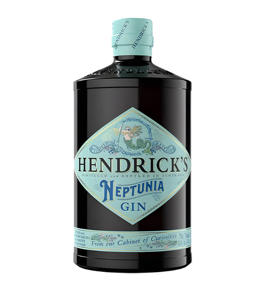 Hendrick’s Neptunia Gin 70cl teal apothecary-style bottle on white background, cream label with ocean-inspired design