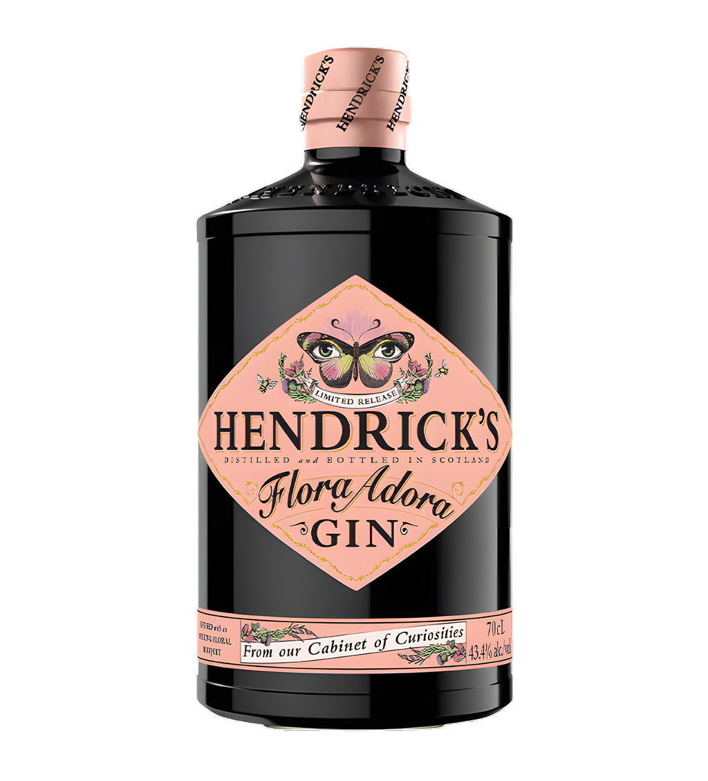  Hendrick’s Flora Adora Gin 70cl purple apothecary-style bottle on white background, cream label with floral-themed design