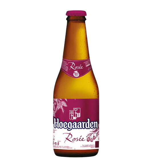 Hoegaarden Rosée wheat beer 25cl glass bottle on white background, pink label with raspberry flavor branding