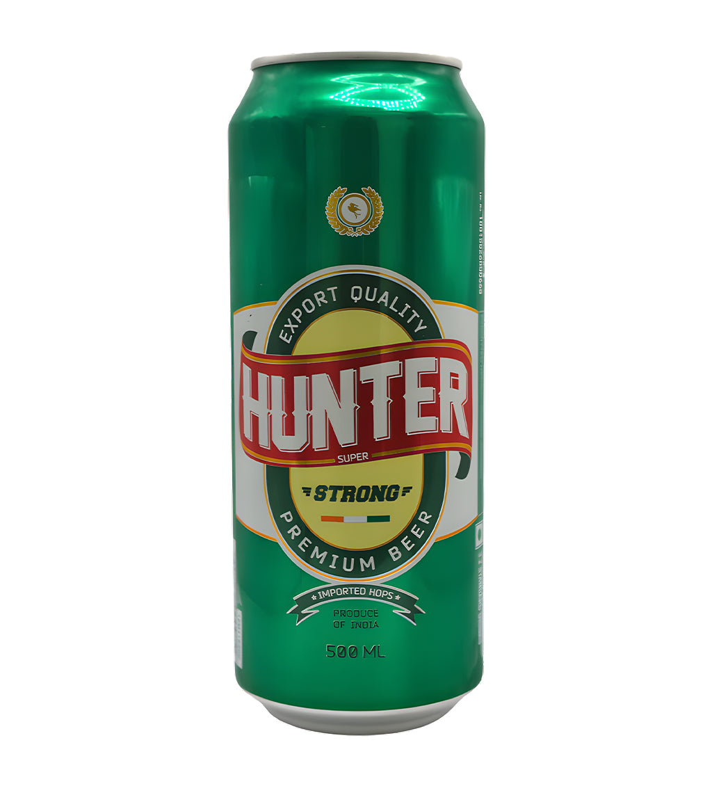 Hunter refreshing lager beer 50cl Can on white background.