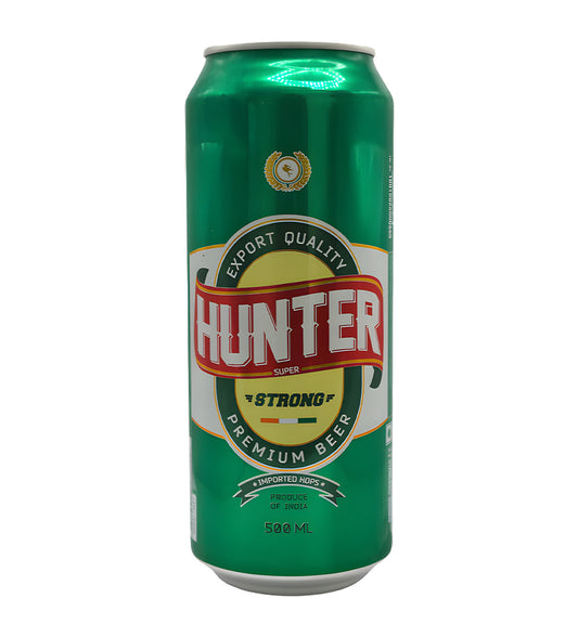 Hunter refreshing lager beer 50cl Can on white background.