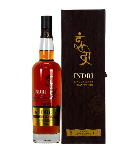 Indri Dru Single Malt Indian Whisky 70cl clear glass bottle on white background, rich amber spirit with cream and gold label featuring brand logo