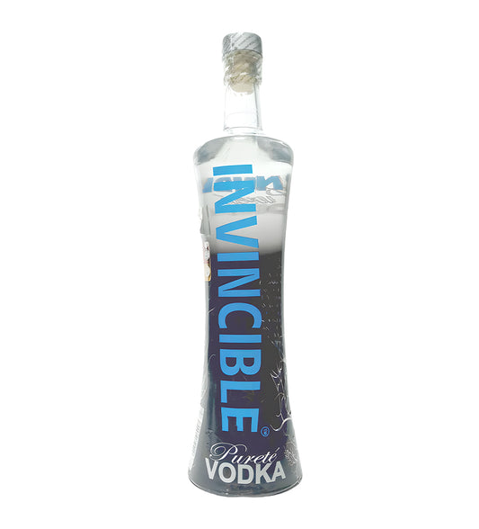 Invincible Vodka 75cl clear glass bottle on white background, silver and black label with brand logo