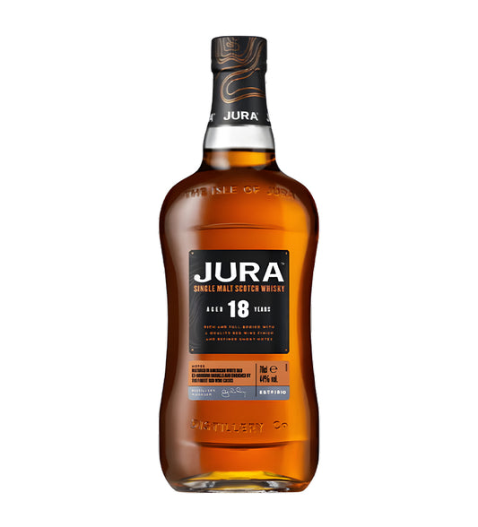 Isle of Jura 18 Years Old Single Malt Scotch Whisky 70cl clear glass bottle on white background, deep amber spirit with dark brown and gold label featuring island emblem and age statement
