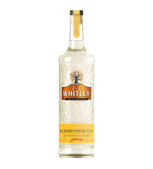 JJ Whitley Elderflower Gin 70cl clear glass bottle on white background, embossed floral design with green and gold label