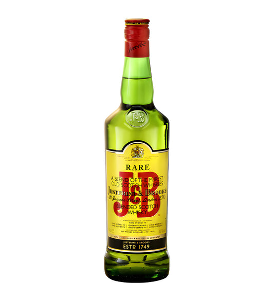 J & B Blended Scotch Whisky 75cl clear glass bottle on white background, golden amber spirit with green and gold label featuring brand crest