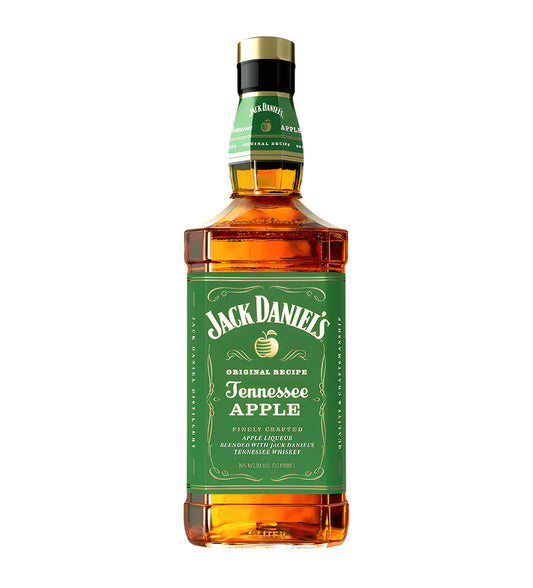 Jack Daniel’s Tennessee Apple Whisky 1L clear glass bottle on white background, green label with apple graphic and brand logo