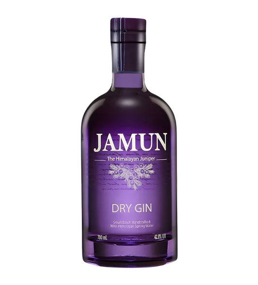 Jamun Dry Gin 75cl clear glass bottle on white background, purple and gold label with botanical illustrations