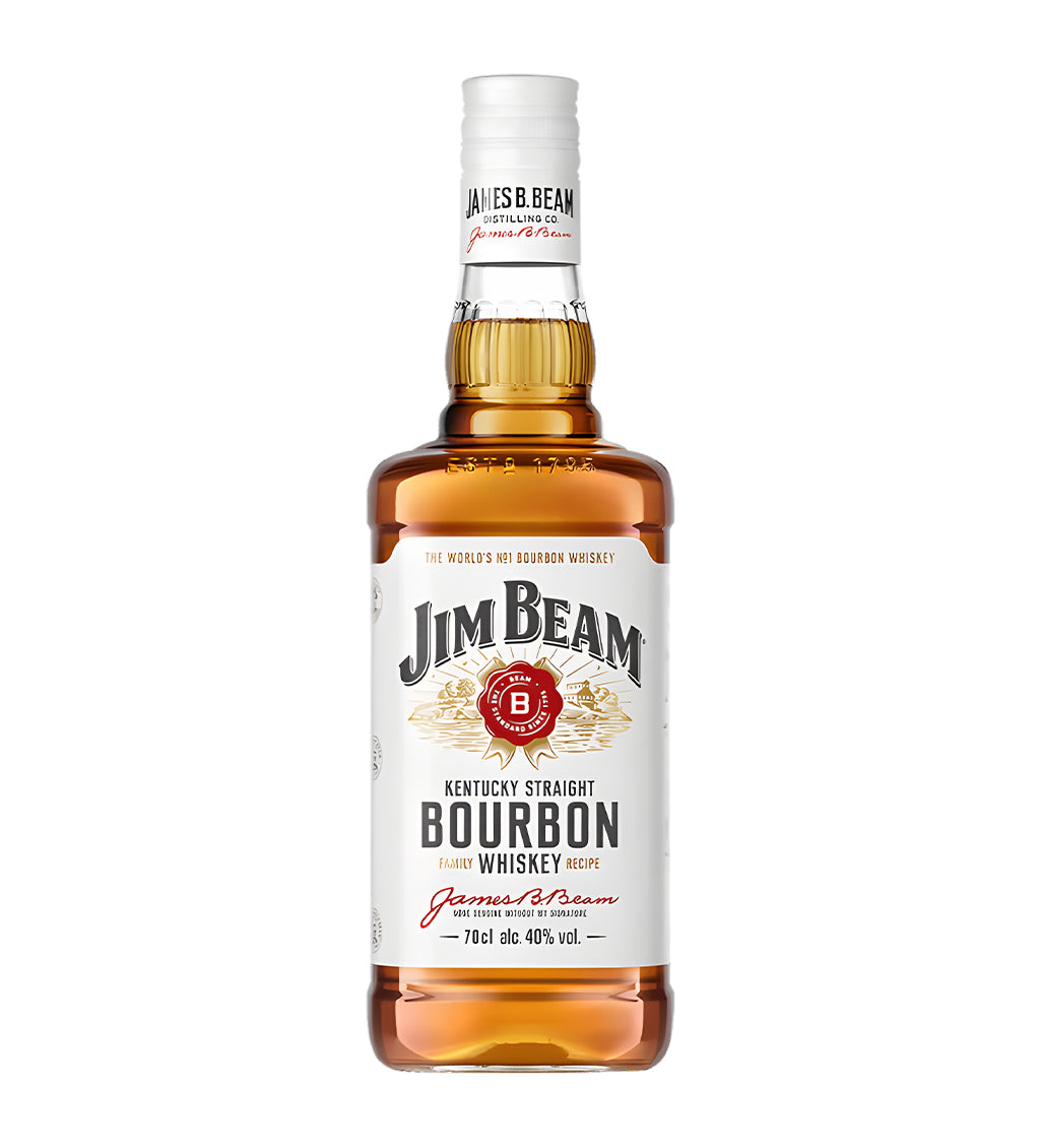 : Jim Beam Bourbon 75cl clear glass bottle on white background, amber spirit with white and red label featuring brand logo