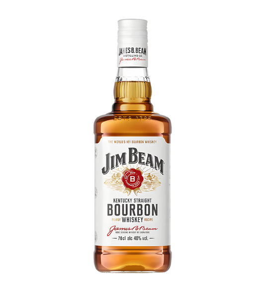 : Jim Beam Bourbon 75cl clear glass bottle on white background, amber spirit with white and red label featuring brand logo