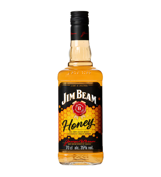 Jim Beam Honey Flavored Bourbon 70cl clear glass bottle on white background, golden amber spirit with white and honey-colored label featuring brand logo