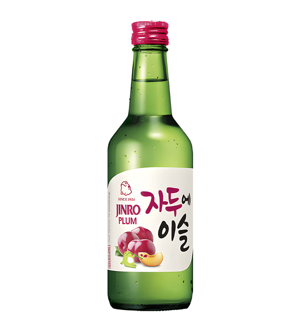 Green bottle of Jinro Plum Soju with a pink cap on a white background