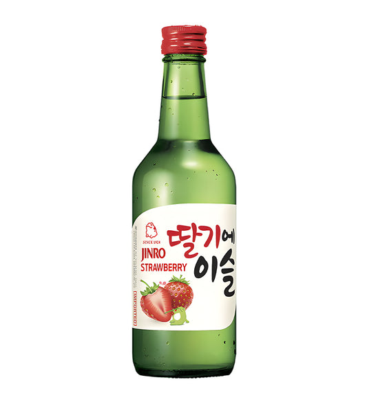 Green bottle of Jinro Strawberry soju with red cap on white background