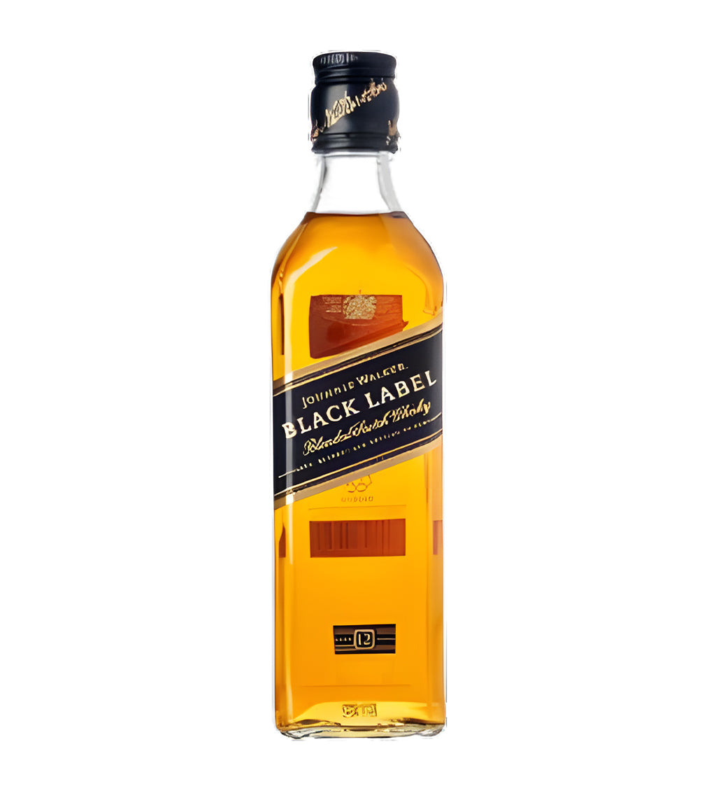 Johnnie Walker Black Label Blended Scotch Whisky 20cl clear glass bottle on white background, dark amber spirit with black and gold label featuring brand logo