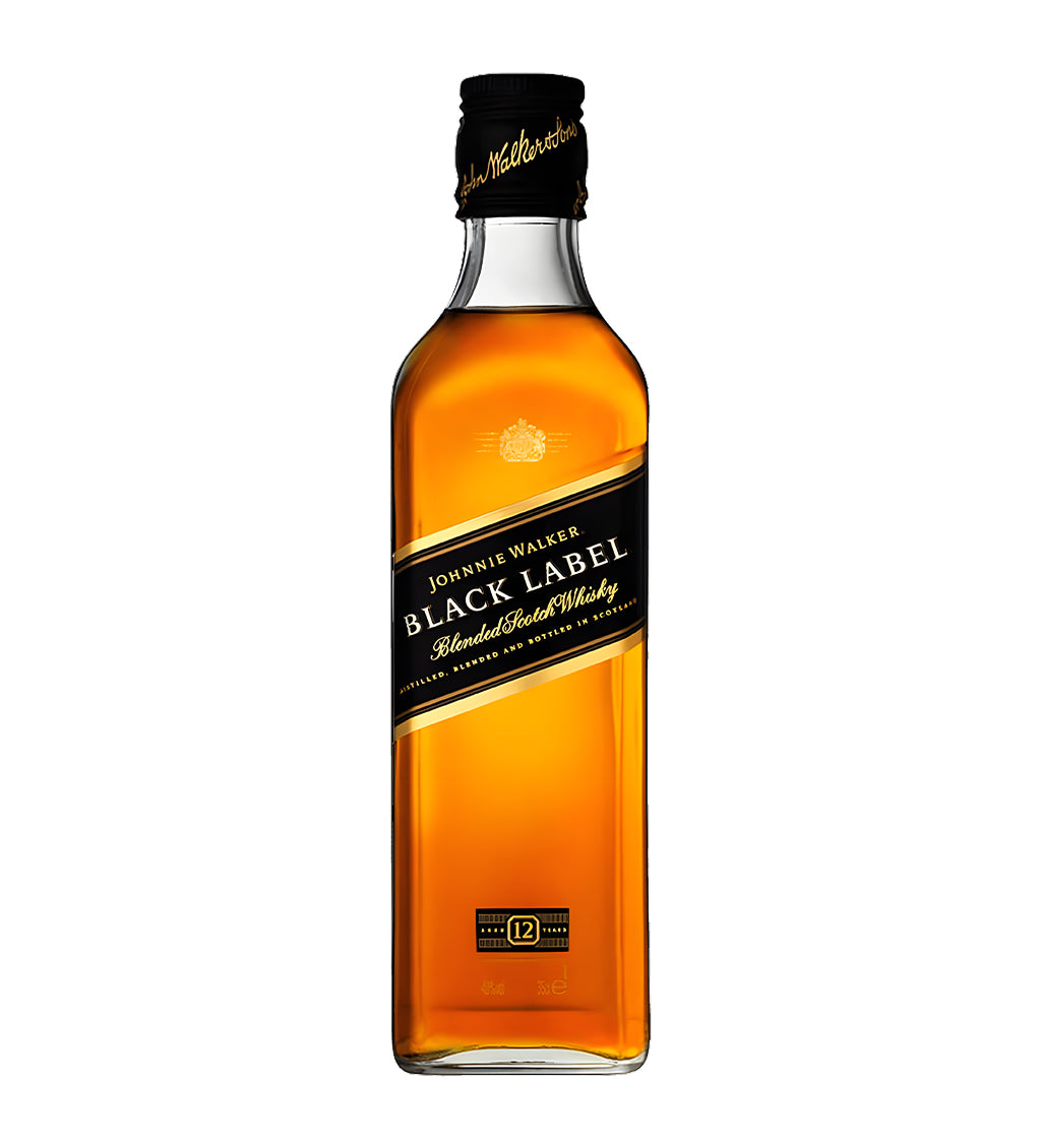 Johnnie Walker Black Label Blended Scotch Whisky 37.5cl clear glass bottle on white background, dark amber spirit with black and gold label featuring brand logo
