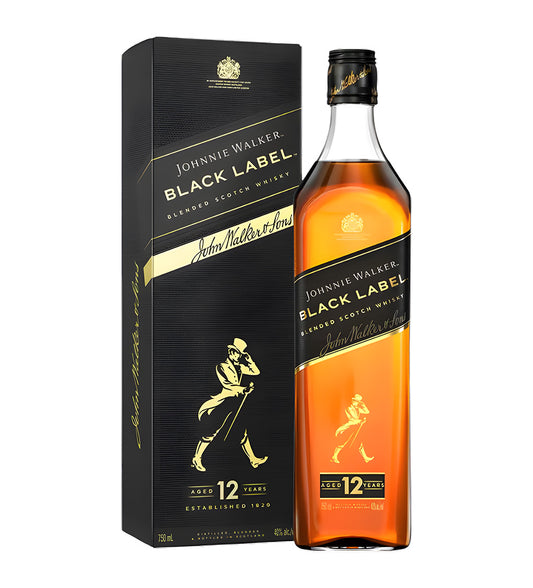 Johnnie Walker Black Label Blended Scotch Whisky 75cl clear glass bottle on white background, dark amber spirit with black and gold label featuring brand logo