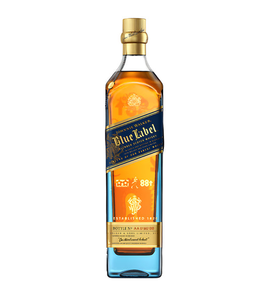 Johnnie Walker Blue Label Blended Scotch Whisky 1L clear glass bottle on white background, deep amber spirit with blue and gold label featuring brand logo