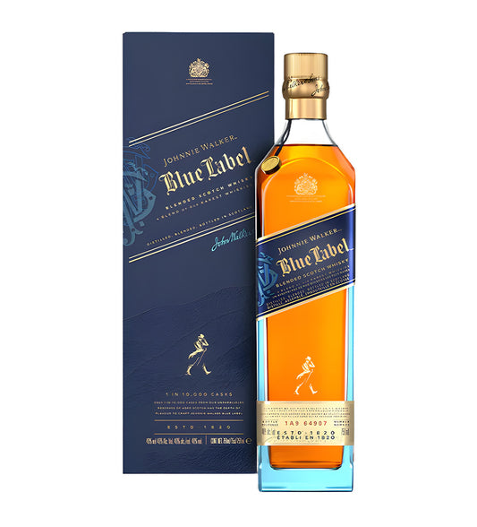 Johnnie Walker Blue Label Blended Scotch Whisky 75cl clear glass bottle on white background, deep amber spirit with blue and gold label featuring brand logo