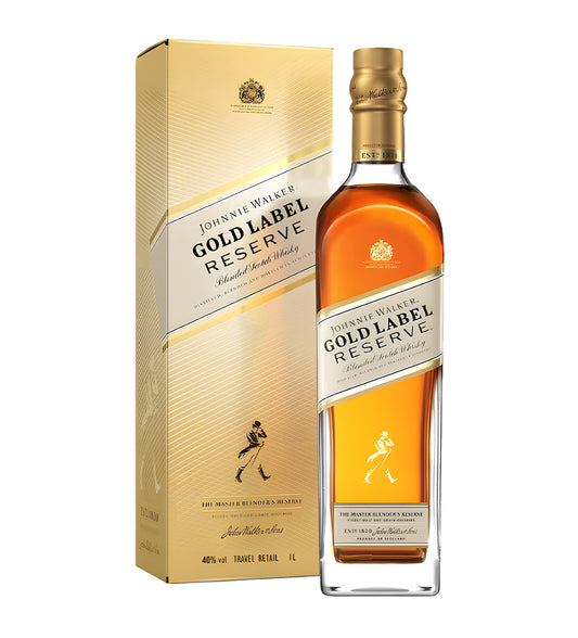 Johnnie Walker Gold Reserve Blended Scotch Whisky 1L clear glass bottle on white background, rich amber spirit with gold label featuring brand logo