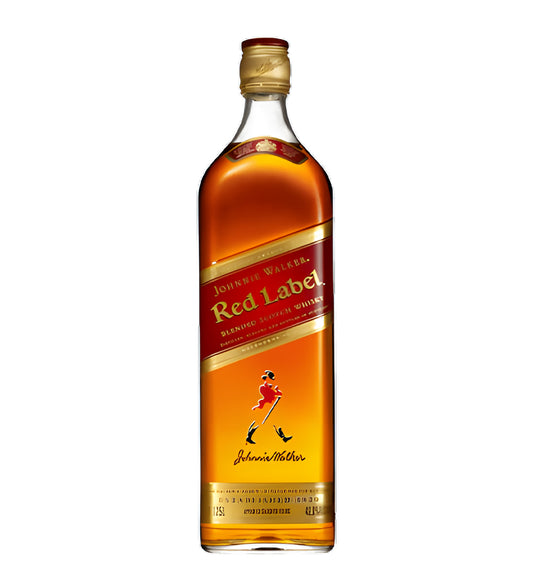 Johnnie Walker Red Label Blended Scotch Whisky 1L clear glass bottle on white background, light amber spirit with red and gold label featuring brand logo