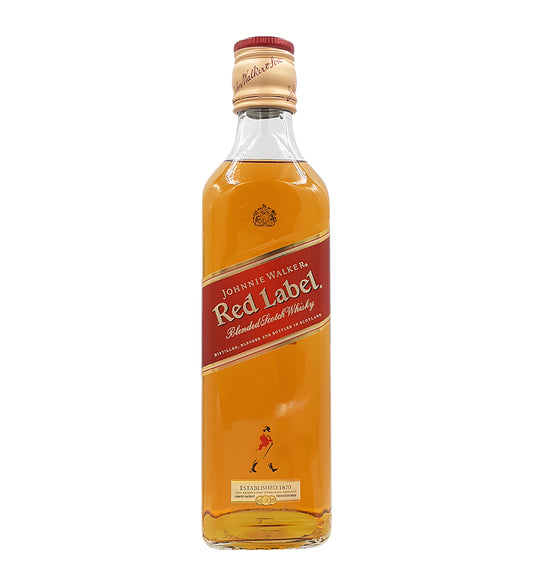 Johnnie Walker Red Label Blended Scotch Whisky 37.5cl clear glass bottle on white background, light amber spirit with red and gold label featuring brand logo