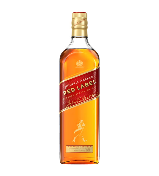 Johnnie Walker Red Label Blended Scotch Whisky 75cl clear glass bottle on white background, light amber spirit with red and gold label featuring brand logo